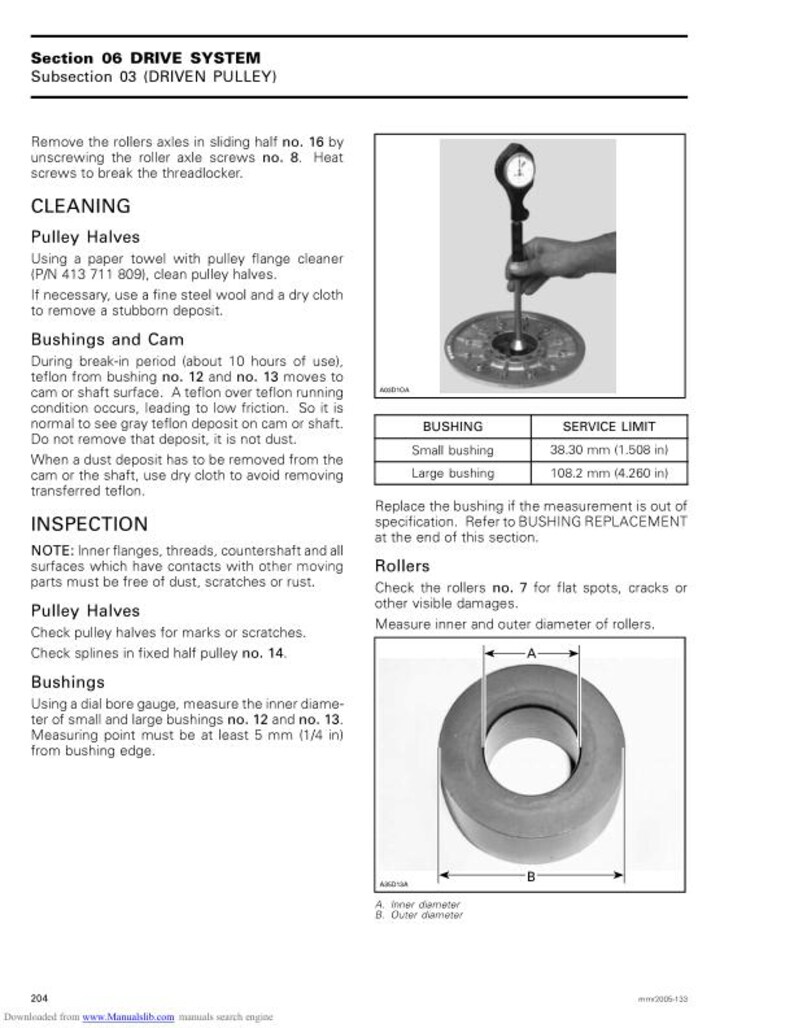Peut inclure: Diagramme technique d'une poulie men&eacute;e d'un syst&egrave;me d'entra&icirc;nement, avec instructions de nettoyage et d'inspection. Comprend des mesures pour les petits et grands coussinets : 38,30 mm et 108,2 mm.