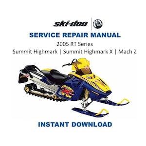 Peut inclure: Motoneige Ski-Doo bleue et jaune avec le texte "SERVICE REPAIR MANUAL 2005 RT Series" et "INSTANT DOWNLOAD". La motoneige a un si&egrave;ge et une chenille noirs, et des skis jaunes.