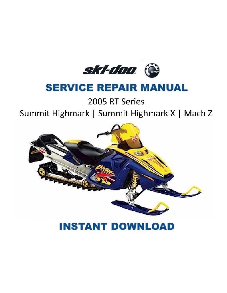 Peut inclure: Motoneige Ski-Doo bleue et jaune avec le texte "SERVICE REPAIR MANUAL 2005 RT Series" et "INSTANT DOWNLOAD". La motoneige a un si&egrave;ge et une chenille noirs, et des skis jaunes.