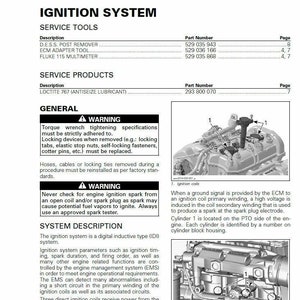 Pode incluir: Um diagrama em preto e branco de um motor com bobinas de igni&ccedil;&atilde;o e um sinal de aviso que diz "AVISO: Nunca verifique a fa&iacute;sca de igni&ccedil;&atilde;o do motor a partir de uma bobina aberta ou uma vela de igni&ccedil;&atilde;o, pois a fa&iacute;sca pode inflamar os vapores de combust&iacute;vel potenciais. Use sempre um testador de fa&iacute;sca aprovado."