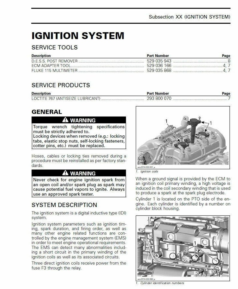 Pode incluir: Um diagrama em preto e branco de um motor com bobinas de igni&ccedil;&atilde;o e um sinal de aviso que diz "AVISO: Nunca verifique a fa&iacute;sca de igni&ccedil;&atilde;o do motor a partir de uma bobina aberta ou uma vela de igni&ccedil;&atilde;o, pois a fa&iacute;sca pode inflamar os vapores de combust&iacute;vel potenciais. Use sempre um testador de fa&iacute;sca aprovado."