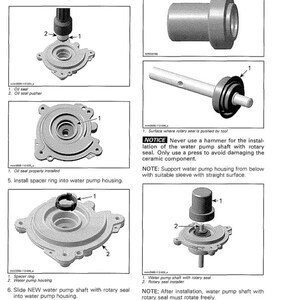 May include: Diagram of engine cooling system components, including oil seals, a spacer ring, and water pump housing. Instructions detail the installation process, with text labels and numbered steps. The text reads: Section 04 ENGINE (1200 4-TEC), Subsection 05 (COOLING SYSTEM).