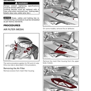 May include: A manual page detailing engine maintenance, specifically the air intake system. It includes warnings about torque specifications and procedures for removing and cleaning the air filter. Diagrams show the removal of the air deflector and mesh filter housing.
