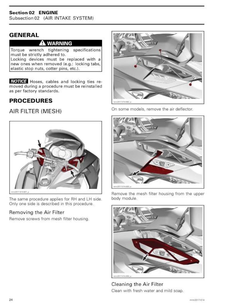 May include: A manual page detailing engine maintenance, specifically the air intake system. It includes warnings about torque specifications and procedures for removing and cleaning the air filter. Diagrams show the removal of the air deflector and mesh filter housing.