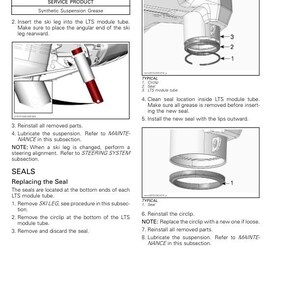 May include: Technical diagram from a chassis repair manual, detailing front suspension components. Includes illustrations of a ski leg, LTS module tube, seals, and circlip, with step-by-step instructions for maintenance and repair procedures. The diagram is labeled with part numbers.