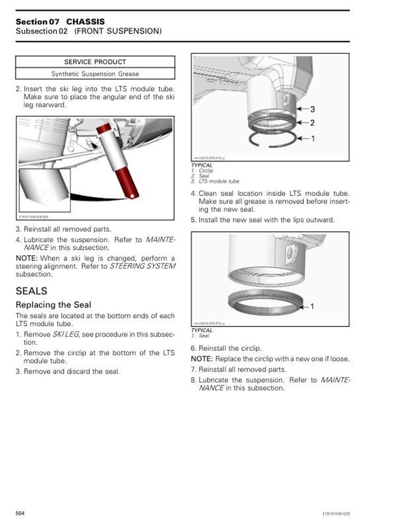 May include: Technical diagram from a chassis repair manual, detailing front suspension components. Includes illustrations of a ski leg, LTS module tube, seals, and circlip, with step-by-step instructions for maintenance and repair procedures. The diagram is labeled with part numbers.