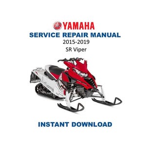 Op de afbeelding: Yamaha Service Repair Manual voor SR Viper sneeuwscooters, modeljaren 2015-2019. De cover toont een rood-witte sneeuwscooter met zwarte accenten. De tekst "Instant Download" staat onderaan.