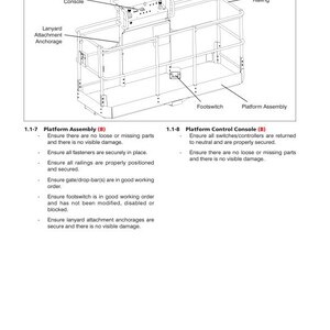 May include: A black and white diagram of a telescopic boom lift with labeled parts, including the platform assembly, platform control console, platform railing, lanyard attachment anchorage, and footswitch. The diagram is part of a maintenance manual for Skyjack telescopic boom lifts, models SJ61T and SJ66T.