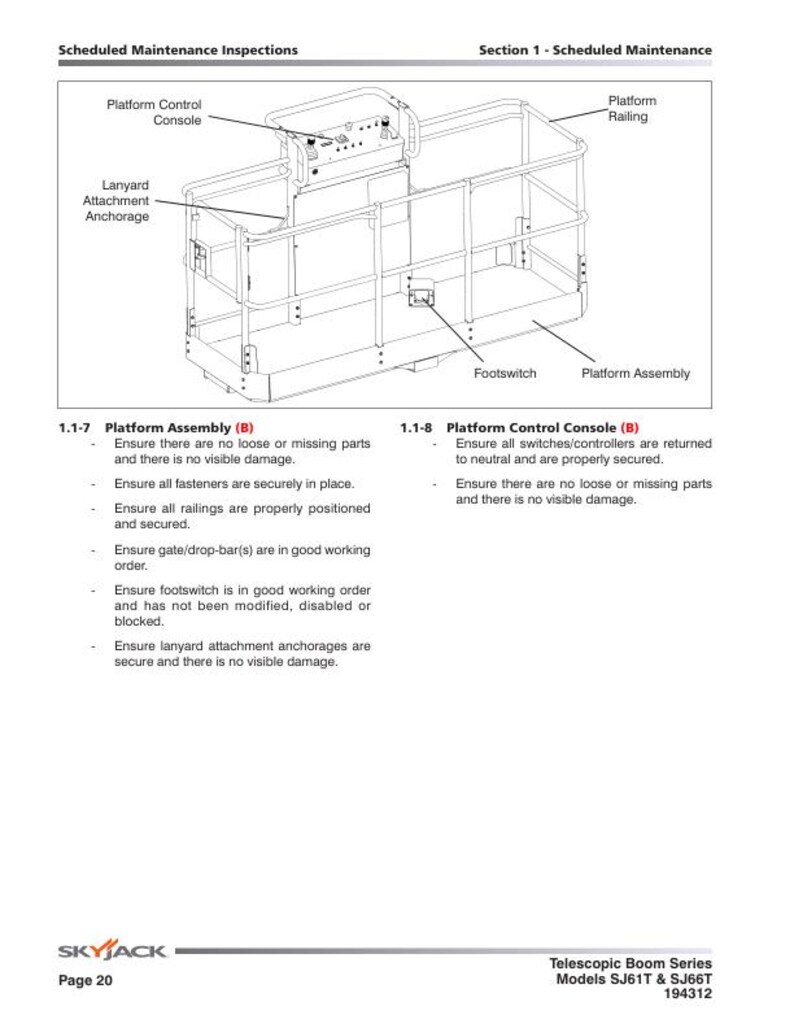 May include: A black and white diagram of a telescopic boom lift with labeled parts, including the platform assembly, platform control console, platform railing, lanyard attachment anchorage, and footswitch. The diagram is part of a maintenance manual for Skyjack telescopic boom lifts, models SJ61T and SJ66T.