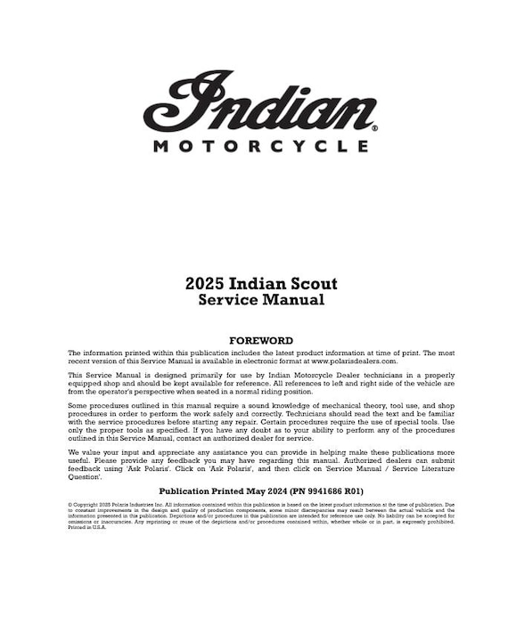 Indian Scout Bobber Classic Hollister Sport Service Manual | 2025