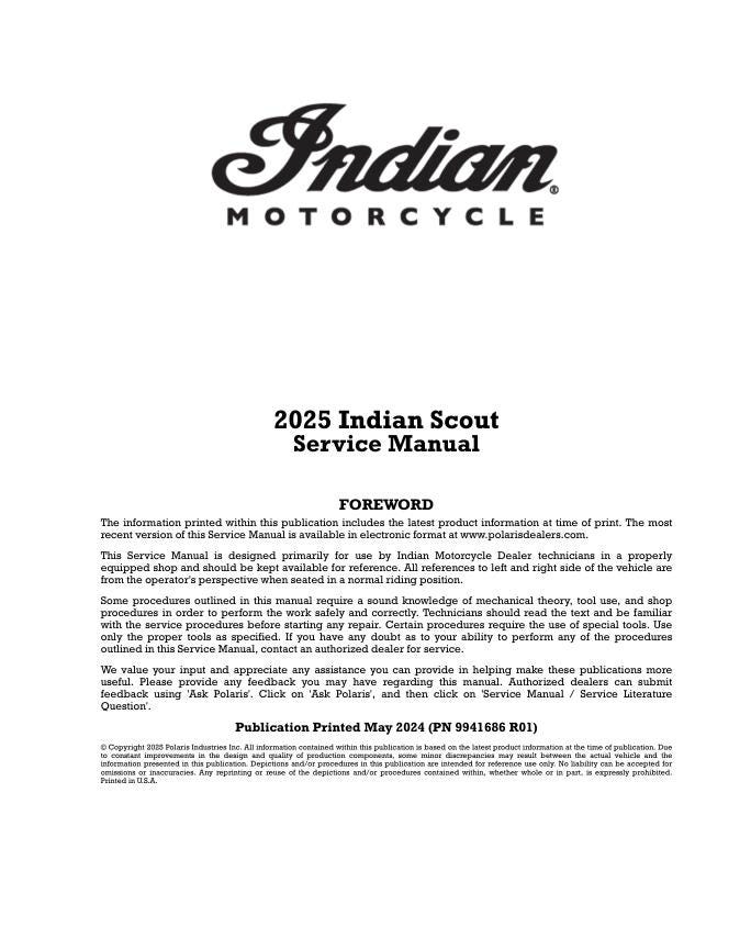 Indian Scout Bobber Classic Hollister Sport Service Manual | 2025