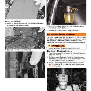 May include: A black and white diagram with instructions for checking and bleeding the brake system on an Argo vehicle. The diagram shows a brake fluid reservoir with a "MAX" and "MIN" level indicator. The text in the diagram includes instructions for checking the brake fluid level, bleeding the brakes, and using DOT 4 brake fluid.