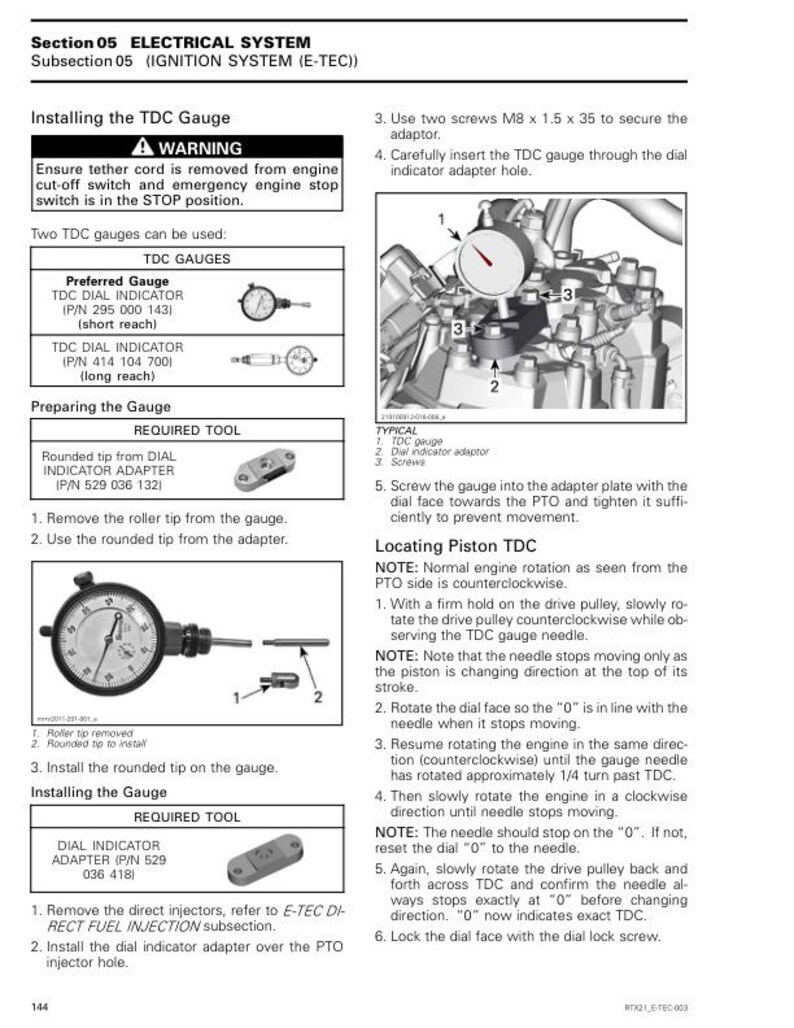 May include: Page from a manual titled "Section 05 ELECTRICAL SYSTEM" with instructions for installing a TDC gauge. Includes diagrams of tools and components, with text and numbered steps for the procedure.