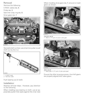 Peut inclure: Diagramme technique d'un manuel montrant des composants de moteur et des instructions de montage et d&eacute;montage. Images de pr&egrave;s des engrenages, soupapes et arbres, avec des &eacute;tapes num&eacute;rot&eacute;es pour le syst&egrave;me E-RAVE.