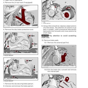 May include: Diagram of a motorcycle brake system with detailed instructions. The image includes close-ups of brake components, arrows indicating removal steps, and text instructions. The text includes "DRIVE SYSTEM AND BRAKE" and "Remove the disc brake protective cover."