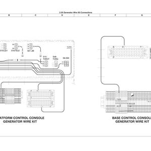May include: A black and white diagram showing the wire connections for a generator wire kit for a telescopic boom lift. The diagram shows the connections for both the platform control console and the base control console.