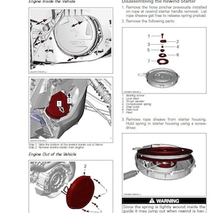 May include: A diagram showing how to disassemble a rewind starter. The diagram shows the parts of the starter, including the bearing screw, lock lever, thrust washer, compression spring, stop collar, pawl lock, and pawl. The diagram also shows how to remove the rope sheave from the starter housing and how to hold the spring in the starter housing using a screwdriver. A warning sign is included that says "Since the spring is tightly wound inside the guide it may jump out when rewind is handled. Always handle with care."