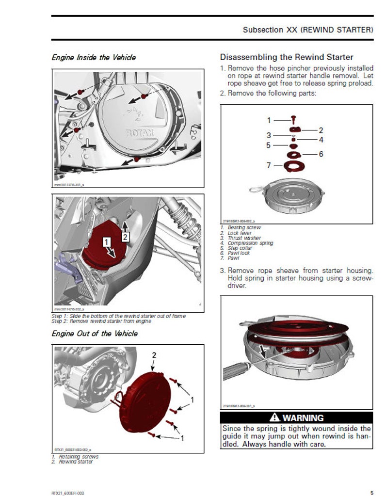 May include: A diagram showing how to disassemble a rewind starter. The diagram shows the parts of the starter, including the bearing screw, lock lever, thrust washer, compression spring, stop collar, pawl lock, and pawl. The diagram also shows how to remove the rope sheave from the starter housing and how to hold the spring in the starter housing using a screwdriver. A warning sign is included that says "Since the spring is tightly wound inside the guide it may jump out when rewind is handled. Always handle with care."