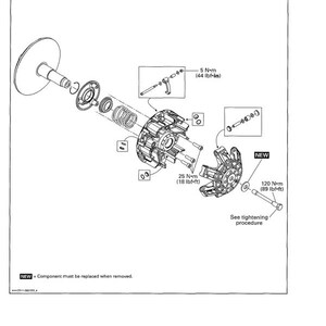 May include: An exploded diagram of a drive system and brake assembly, with labels indicating torque specifications in lbf-ft and lbf-in. The diagram includes a drive pulley, springs, and various mechanical components.