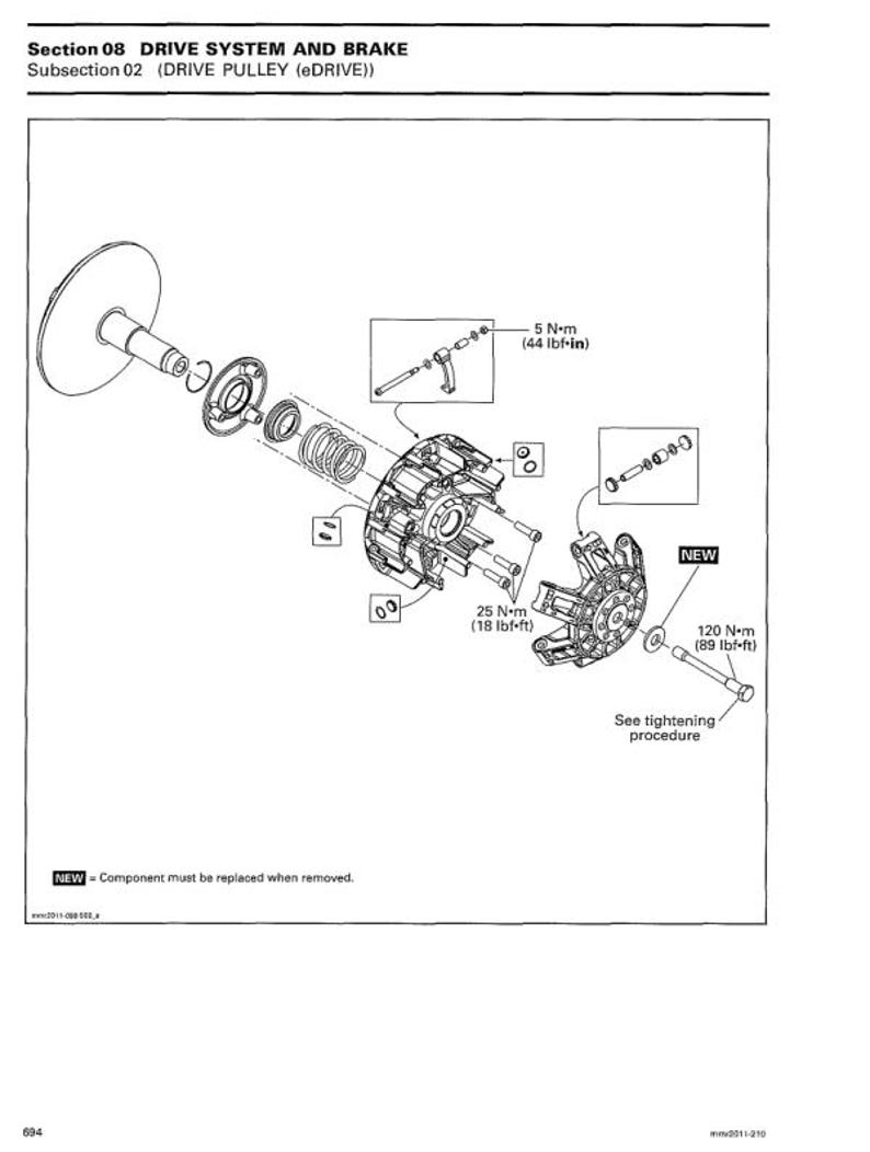 May include: An exploded diagram of a drive system and brake assembly, with labels indicating torque specifications in lbf-ft and lbf-in. The diagram includes a drive pulley, springs, and various mechanical components.