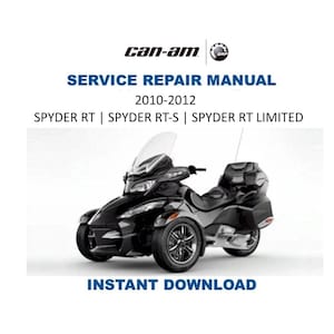 Puede incluir: Un manual de reparaci&oacute;n de servicio para una motocicleta Can-Am Spyder RT negra de tres ruedas. El texto incluye "SERVICE REPAIR MANUAL 2010-2012" y "INSTANT DOWNLOAD".