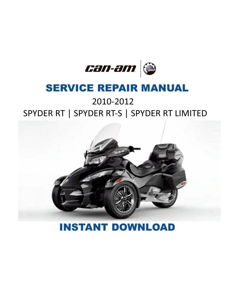 Puede incluir: Un manual de reparaci&oacute;n de servicio para una motocicleta Can-Am Spyder RT negra de tres ruedas. El texto incluye "SERVICE REPAIR MANUAL 2010-2012" y "INSTANT DOWNLOAD".
