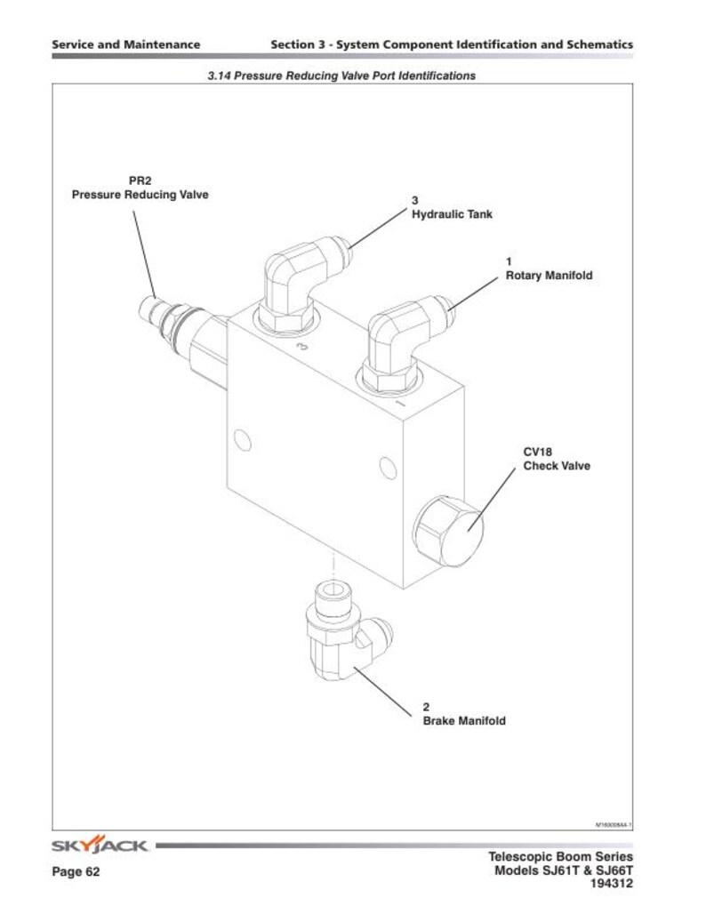 May include: A diagram showing the port identifications for a pressure reducing valve. The diagram shows the valve with labels for the hydraulic tank, rotary manifold, brake manifold, and check valve.