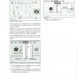 Puede incluir: Diagrama t&eacute;cnico de un manual de sistemas de gesti&oacute;n electr&oacute;nica. La imagen muestra capturas de pantalla de la interfaz del software con opciones de men&uacute; como "Leer datos" y "Actualizar". El texto explica los procedimientos de actualizaci&oacute;n.