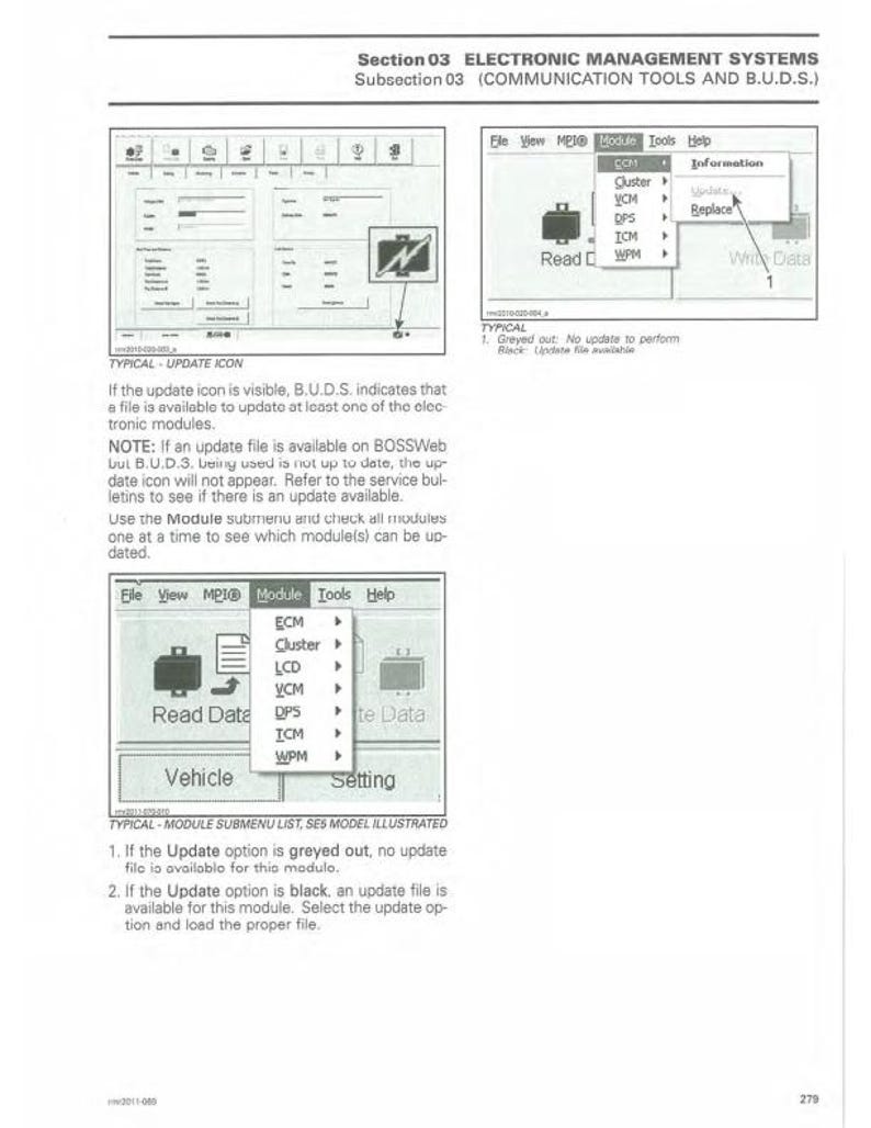 Puede incluir: Diagrama t&eacute;cnico de un manual de sistemas de gesti&oacute;n electr&oacute;nica. La imagen muestra capturas de pantalla de la interfaz del software con opciones de men&uacute; como "Leer datos" y "Actualizar". El texto explica los procedimientos de actualizaci&oacute;n.