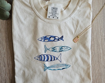 Embroidery Sardine Shirt, Cute Fish T-shirt, Vacation Europe tee, Le Sardines Shirt, Travel Shirt, Fish Shirt, Gift for Dad, Mom Tee, Ocean