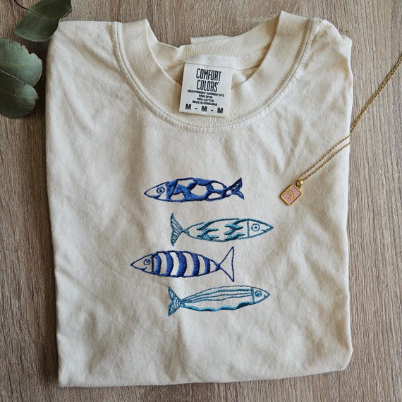 Embroidery Sardine Shirt, Cute Fish T-shirt, Vacation Europe tee, Le Sardines Shirt, Travel Shirt, Fish Shirt, Gift for Dad, Mom Tee, Ocean