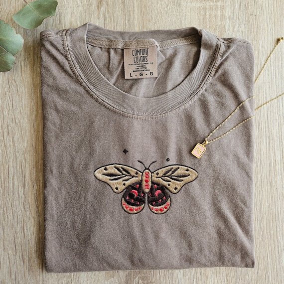 Vintage Moth Butterfly Embroidered Shirt, Cottage Core Shirt, Nocturnal Moth Tee, Gift for Her, Mother's Day Gift, Aesthetic Comfort Color,