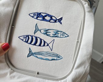 Sardines Embroidery Shirt, Cute Fish T-shirt, Fisherman Tee, Le Sardines Shirt, Travel Shirt, Coastal Tee, Fish Shirt, Gift for Dad, Mom Tee