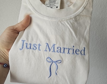 Embroidery Custom Just Married, Comfort Color Shirt, Bride to be, New Couple tee, Unisex Shirt, Wedding Day Gift, Bridal Engagement Gift.