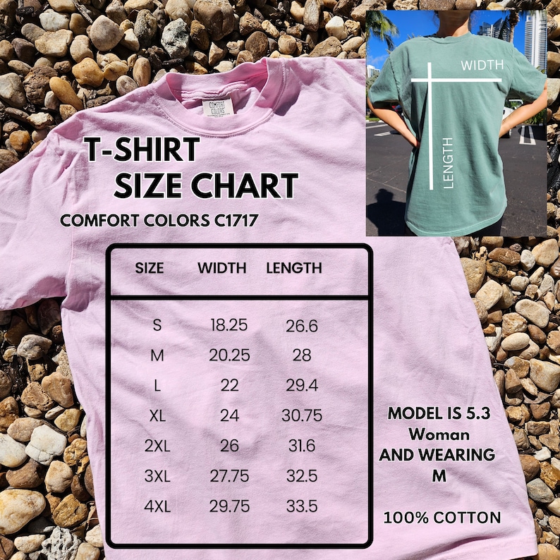 Puede incluir: Una tabla de tallas de camiseta rosa con medidas en pulgadas. La tabla muestra las tallas S a 4XL con las medidas de ancho y largo correspondientes. La tabla tambi&eacute;n incluye el texto "Comfort Colors C1717" y "100% Algod&oacute;n".