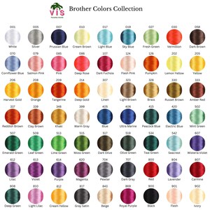 Puede incluir: Una carta de colores de hilo de bordar con 100 colores diferentes, cada color est&aacute; etiquetado con un n&uacute;mero y un nombre. Los colores est&aacute;n dispuestos en filas y columnas, y la carta se titula "Brother Colors Collection".