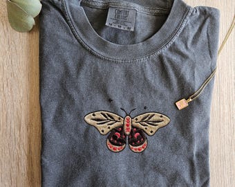 Moth Butterfly Embroidered Shirt, Cottage Core Shirt, Nocturnal Moth Tee, Gift for Her, Mother's Day Gift, Aesthetic Comfort Color T-Shirt