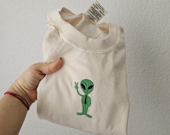 Alien Shirt, Embroidery Peace Alien T-shirt, funny alien shirt, peace tee, green men shirt, UFO lover shirt, gift for alien lovers, Area 51