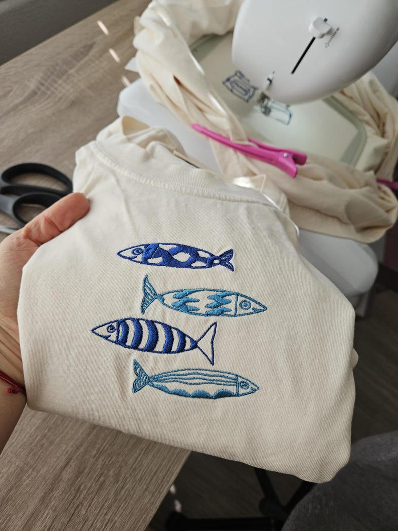 Embroidery Sardine Shirt, Cute Fish T-shirt, Vacation Europe tee, Le Sardines Shirt, Travel Shirt, Fish Shirt, Gift for Dad, Mom Tee, Ocean image 11