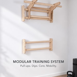 Barra per trazioni e stazione per dip, mini barre a muro, sistema modulare da palestra domestica in legno massello