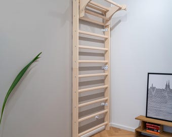 Wooden Swedish Ladder with integrated Pull-up bar – Solid Beech Stall Bar for Stretching, Strength & Mobility