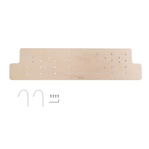 May include: A light wood pegboard with a white label that says "WUNDERKIND" and a black logo. The pegboard has 36 holes and comes with two metal hooks and four screws.