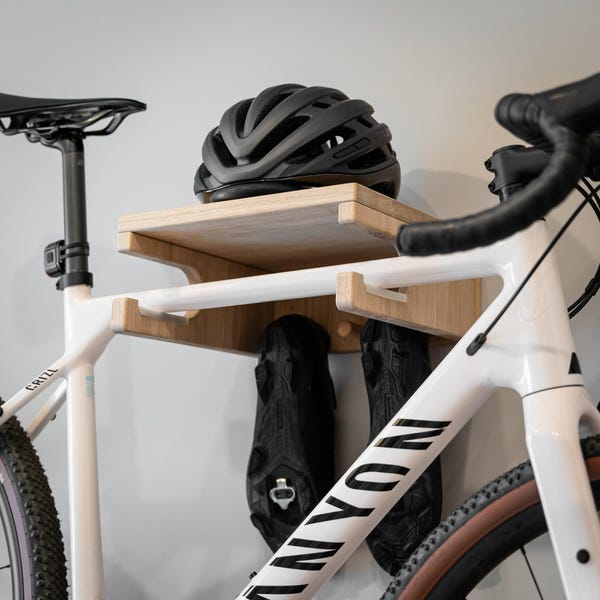 Solid Oak Bike Wall Rack Bicycle Storage Shelf for Road and Gravel Bikes