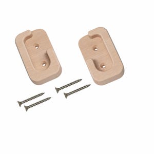May include: Two rectangular light-colored wooden wall hooks with rounded corners and a central U-shaped cutout. Each hook features two pre-drilled holes for mounting. Four silver-colored metal screws are included for installation purposes.