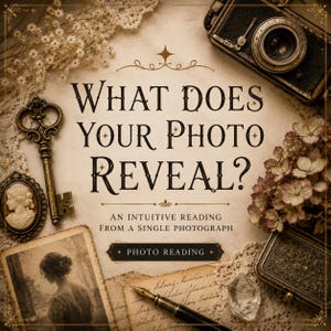 May include: A vintage-style graphic featuring the text "WHAT DOES YOUR PHOTO REVEAL? AN INTUITIVE READING FROM A SINGLE PHOTOGRAPH" and "PHOTO READING". The composition includes a camera, a skeleton key, a cameo, a fountain pen, and dried flowers.