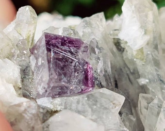 Purple Fluorite on Quartz and Dolomite with Bismuthinite