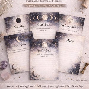 Könnte beinhalten: Ein druckbares Journal-Bundle mit einem himmlischen Thema. Das Set enthält fünf Seiten mit Anregungen zur Reflexion über verschiedene Mondphasen, wie Neumond und Vollmond. Das Design zeigt einen Sternenhintergrund und Mondillustrationen.