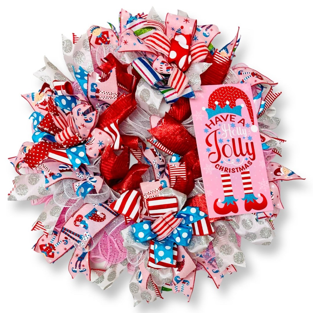 Holly Jolly Christmas Wreath Pink Elf Pink Red Christmas Pink Teal