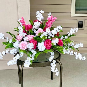 flowers for gravesite, cemetery saddle, grave decor, pink cemetery arrangements, memorial flowers, headstone saddle pink, gravestone flower