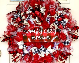 Comfy Cozy Are We - Buffalo Plaid Christmas Decor - rustic Christmas wreath - Buffalo Check Wreath - Red and black